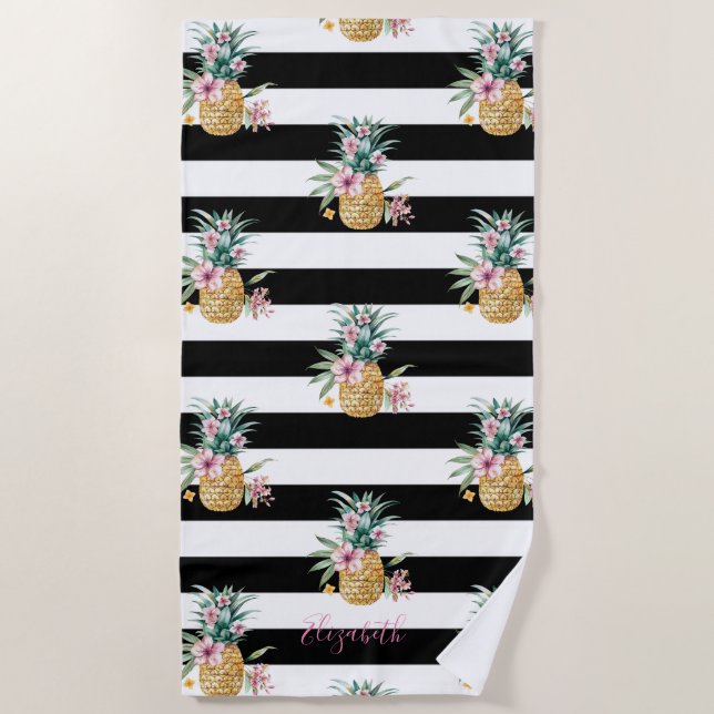 Serviette De Plage Ananas Tropicaux, Rayures Noires et Blanches (Devant)