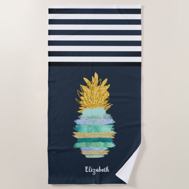 Serviette De Plage Ananas Vert Pailleté Rayures Bleu Marine  (Devant)
