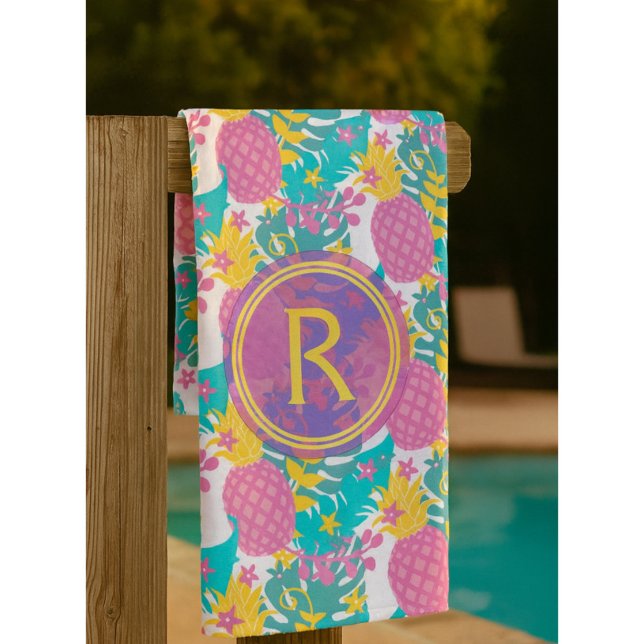 Serviette De Plage Ananas violettes et Feuilles tropicaux bleus (Créateur téléchargé)