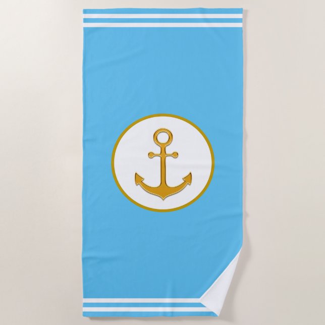 Serviette De Plage Ancrage doré chic moderne sur turquoise & blanc (Devant)