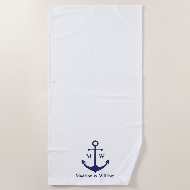 Serviette De Plage Ancrage nautique marine blanc personnalisé monogra (Devant)