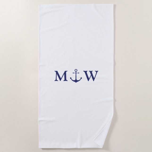 Serviette De Plage Ancrage nautique marine bleu blanc deux initiales (Devant)