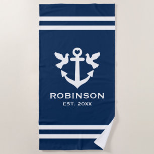 Serviette De Plage Ancrage nautique marine bleu et blanc cadeau jeune