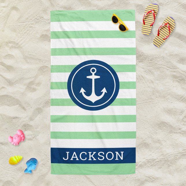 Serviette De Plage Ancre à rayures vertes nautiques Monogramme Nom (Créateur téléchargé)