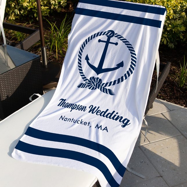 Serviette De Plage Ancre blanche nautique monogramme de mariage (Créateur téléchargé)
