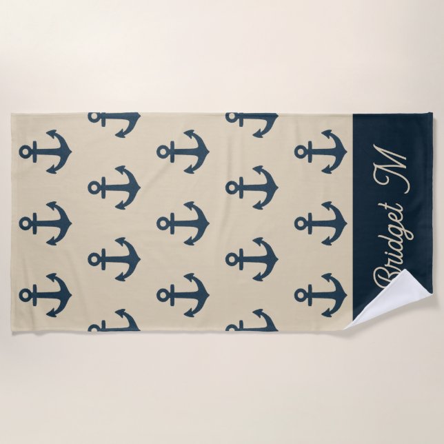 Serviette De Plage Ancre bleu marine avec Monogram Beige Coastal (Devant)
