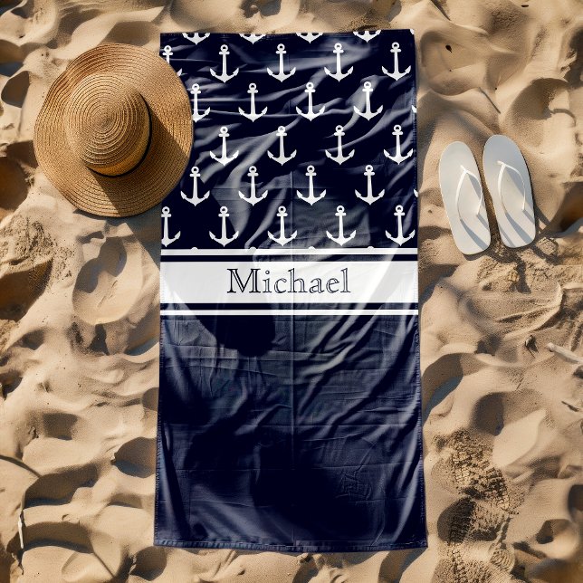 Serviette De Plage Ancre bleu marine moderne Nom Motif Nautique (Créateur téléchargé)