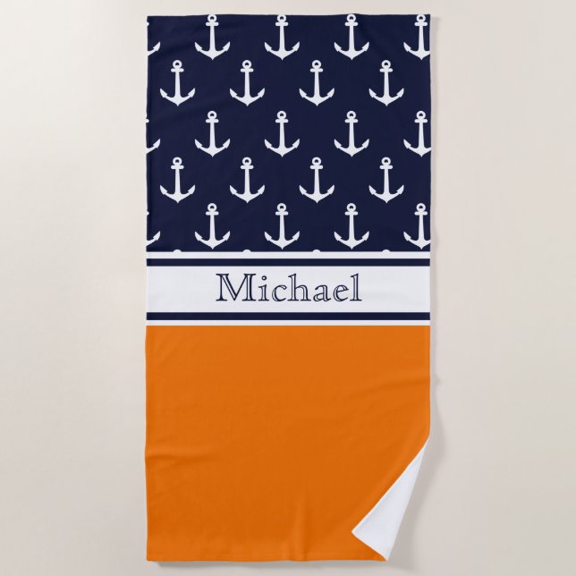 Serviette De Plage Ancre bleu marine moderne Nom Motif Nautique (Devant)