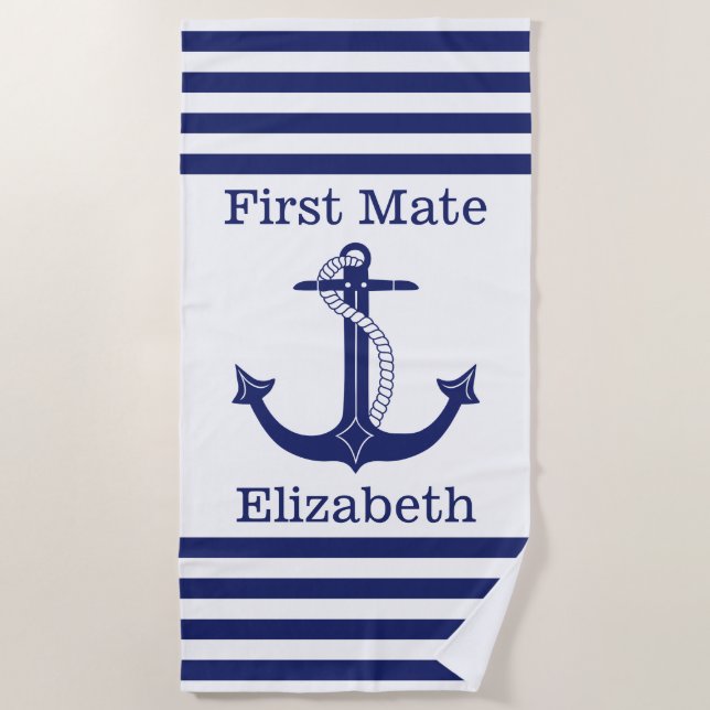 Serviette De Plage Ancre Bleu Nautique Première Mate Personnalisée (Devant)