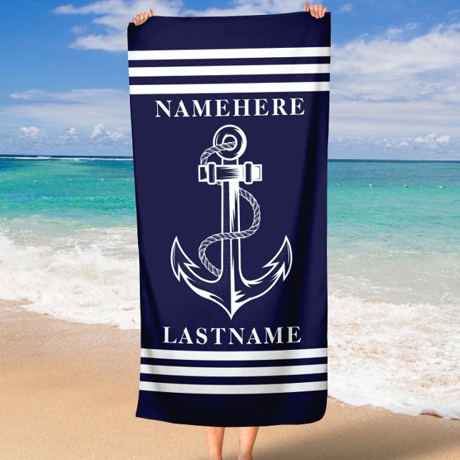 Serviette De Plage Ancre bleue marine et rayures Nom ou texte personn (Navy Blue Anchor and Stripes Custom Name or Text Beach Towel)