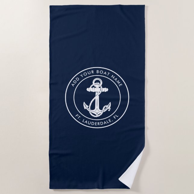 Serviette De Plage Ancre Bleue marine Nom du bateau Personnalisé (Devant)