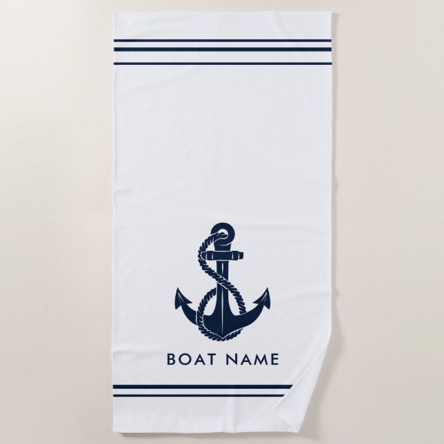 Serviette De Plage Ancre Bleue marine Nom du bateau Personnalisé (Devant)