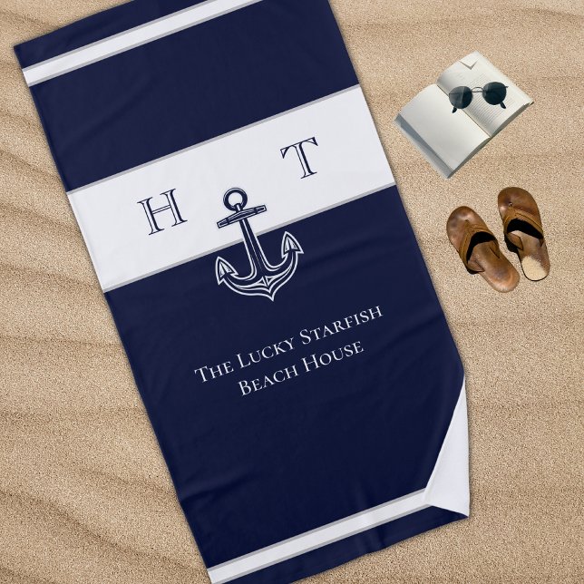 Serviette De Plage Ancre bleue marine Nom du monogramme côtier (Créateur téléchargé)