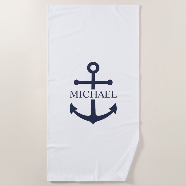 Serviette De Plage Ancre bleue marine Nom personnalisé (Devant)