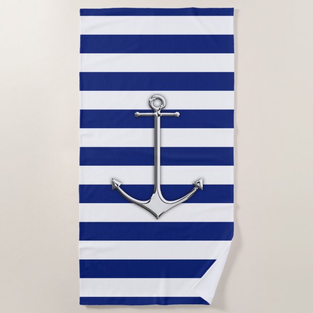 Serviette De Plage Ancre Chrome sur la marine nautique Bleu Stripes I (Devant)