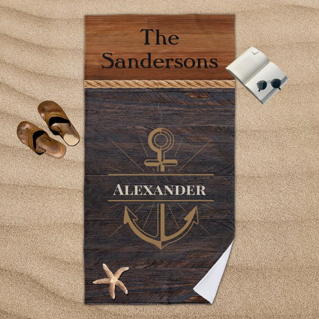 Serviette De Plage Ancre côtière en bois rustique Monogramme nautique (Créateur téléchargé)