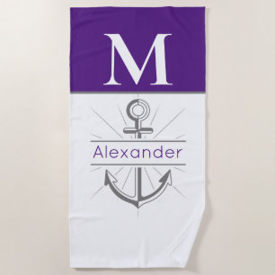 Serviette De Plage Ancre côtière violet Nom du monogramme nautique Pl