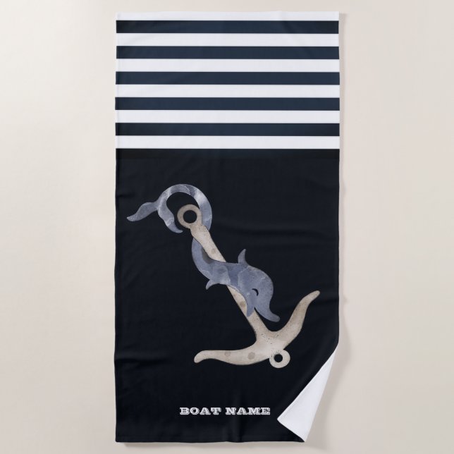 Serviette De Plage Ancre Dauphin Rayures Bleu Nuit (Devant)