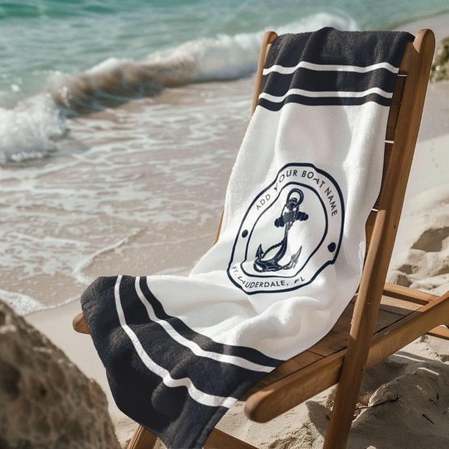 Serviette De Plage Ancre de bateau Marine Blue Boat Custom (Nautical Anchor Custom Boat Name Navy Blue and White Beach Towel)