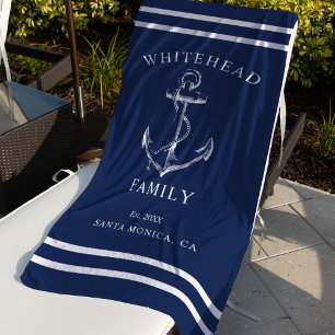 Serviette De Plage Ancre de Famille Personnalisée Bleu Marine Nautica