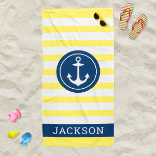 Serviette De Plage Ancre de monogramme à rayures jaunes nautiques Nom