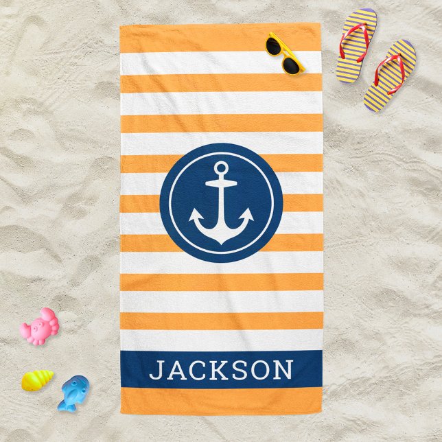 Serviette De Plage Ancre de monogramme à rayures orange nautique Nom (Créateur téléchargé)