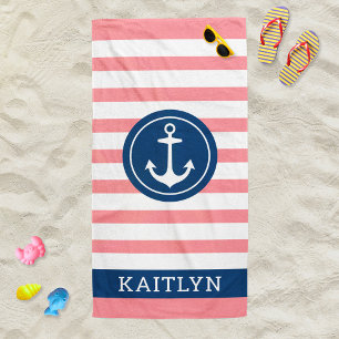 Serviette De Plage Ancre de monogramme de bande rose nautique Nom
