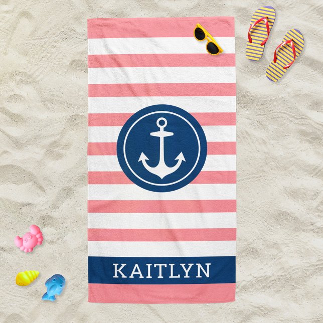 Serviette De Plage Ancre de monogramme de bande rose nautique Nom (Créateur téléchargé)