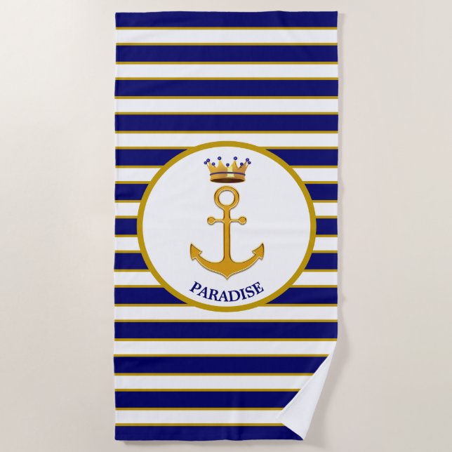 Serviette De Plage Ancre dorée élégante moderne & couronne (Devant)