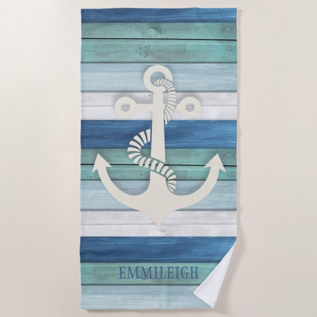Serviette De Plage Ancre en bois blanc bleu bleu marine (Devant)