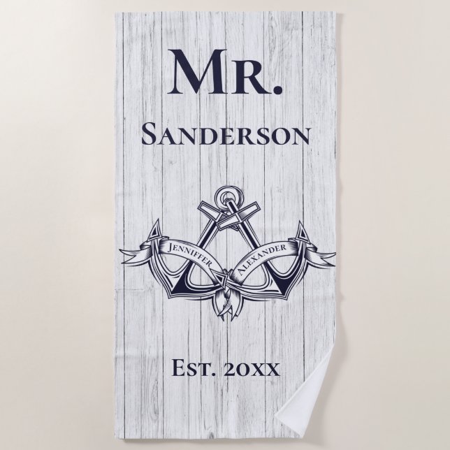 Serviette De Plage Ancre mariage M. Navy Blue Nautical Monograms (Devant)