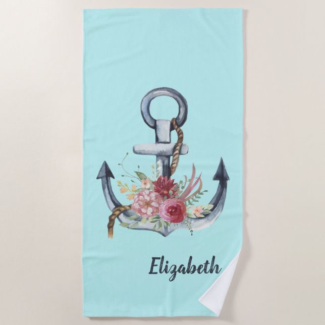 Serviette De Plage Ancre marine florale aquarelle (Devant)