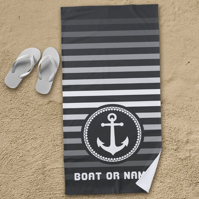 Serviette De Plage Ancre marine nautique Votre nom ou bateau Gris & B (Créateur téléchargé)