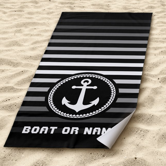 Serviette De Plage Ancre marine nautique Votre nom ou bateau Noir (Créateur téléchargé)