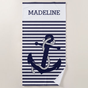 Serviette De Plage Ancre marine personnalisée Bleu foncé Bleu Blancs