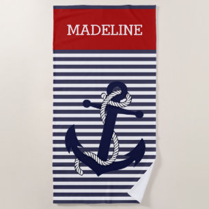 Serviette De Plage Ancre marine personnalisée Bleu foncé rouge rayure