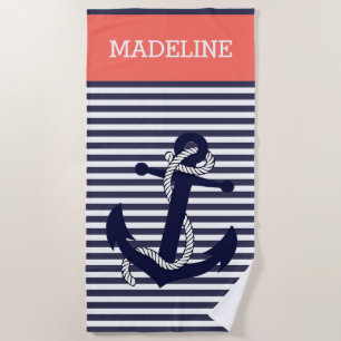 Serviette De Plage Ancre marine personnalisée Corail bleu Orange rayu