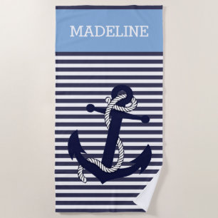 Serviette De Plage Ancre marine personnalisée Motif de bandes bleu cl