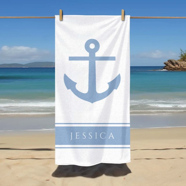 Serviette De Plage Ancre Nautione Nom Personnalisé Bleu  (Nautical Anchor Custom Name Blue Beach Towel)