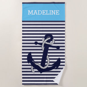 Serviette De Plage Ancre Nautione Personnalisée Bandes Bleu Ciel Clai