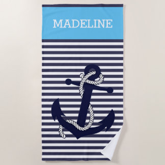 Serviette De Plage Ancre Nautione Personnalisée Bandes Bleu Ciel Clai