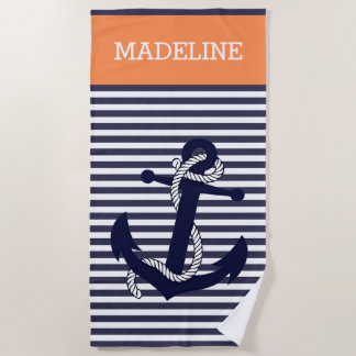 Serviette De Plage Ancre Nautione Personnalisée Bandes Bleu Lumière O