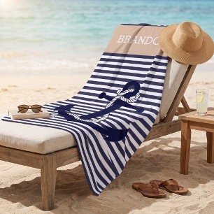 Serviette De Plage Ancre Nautione Personnalisée Bleue Taupe Beige Ray