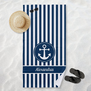 Serviette De Plage Ancre nautique avec cordes et rayures bleu marine
