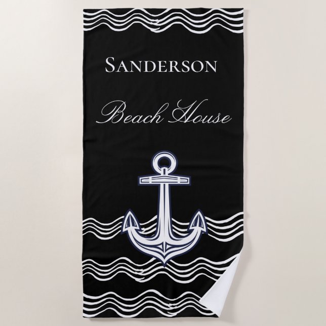 Serviette De Plage Ancre nautique Black White Beach House Monogramme (Devant)