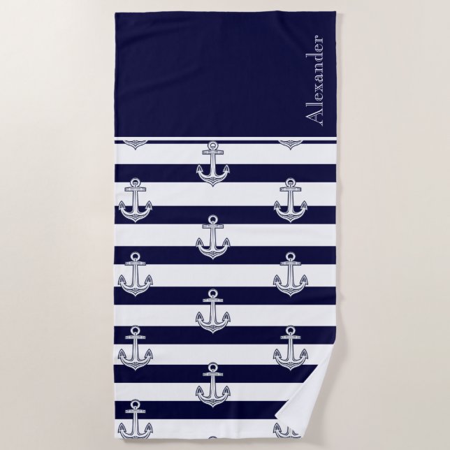 Serviette De Plage Ancre nautique Bleu et Blancs de marine (Devant)
