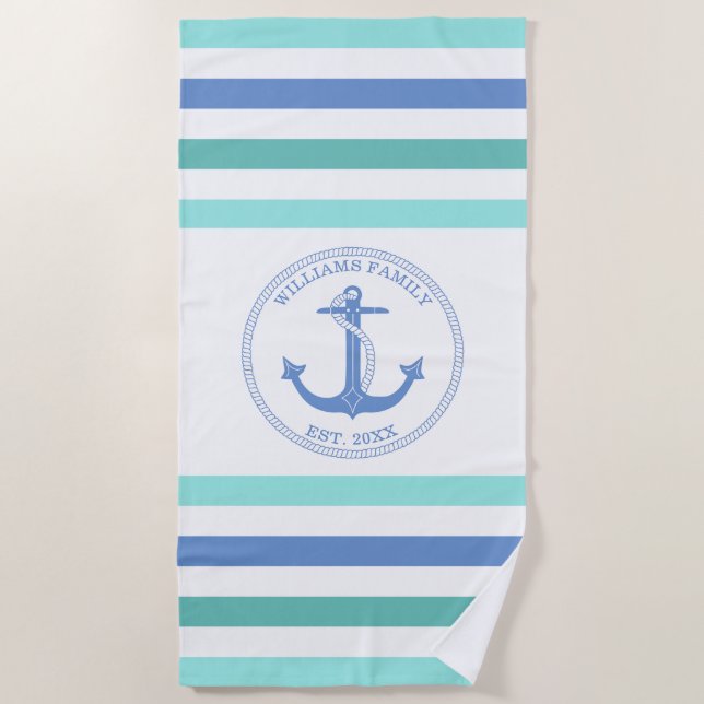 Serviette De Plage Ancre nautique Bleu rayé Nom monogramme (Devant)
