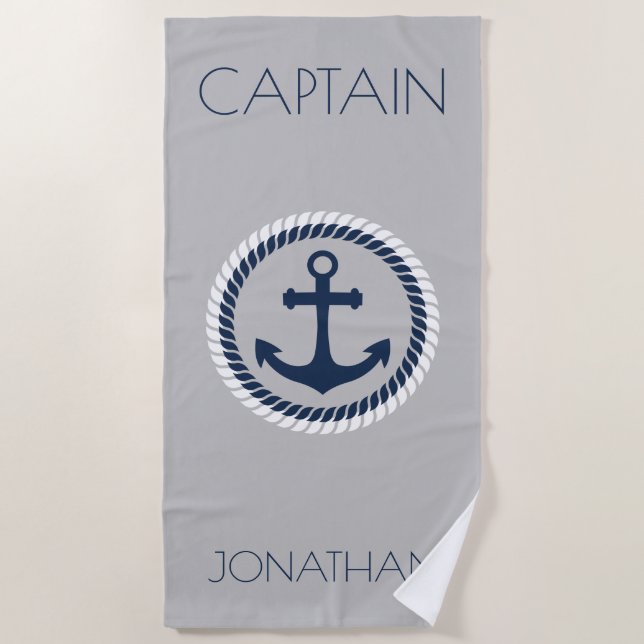 Serviette De Plage Ancre nautique Capitaine personnalisée (Devant)