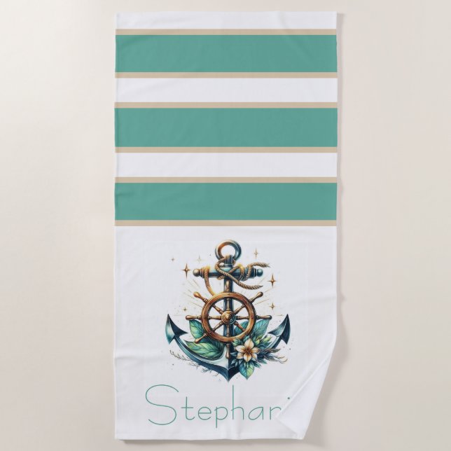 Serviette De Plage Ancre nautique et fleurs (Devant)