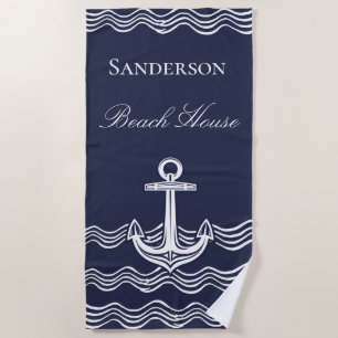 Serviette De Plage Ancre nautique Marine Blue Beach House Monogramme